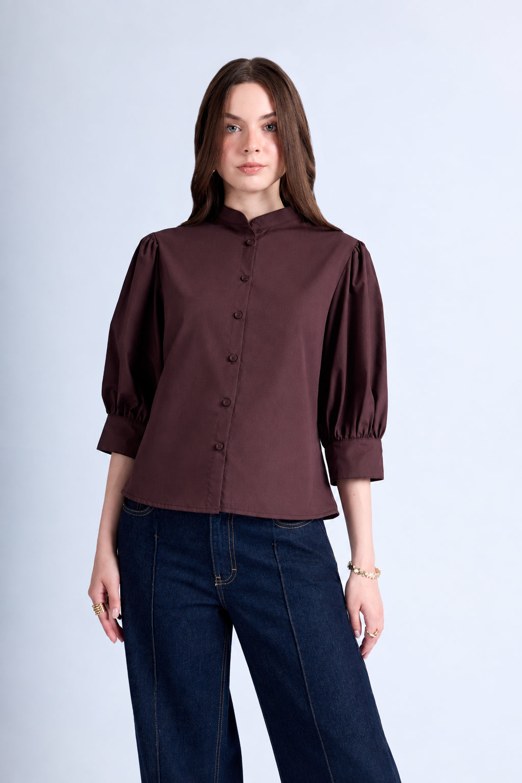 Blusa Manga Abullonada - Marrón