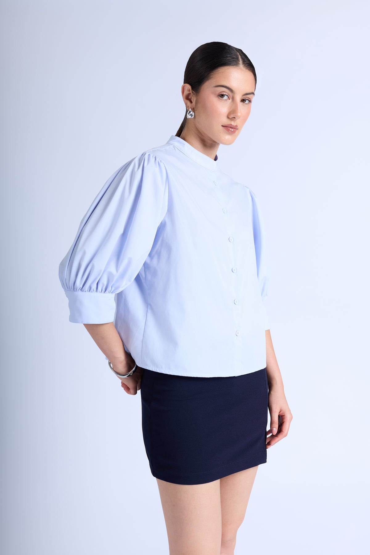 Blusa Manga Abullonada - Celeste