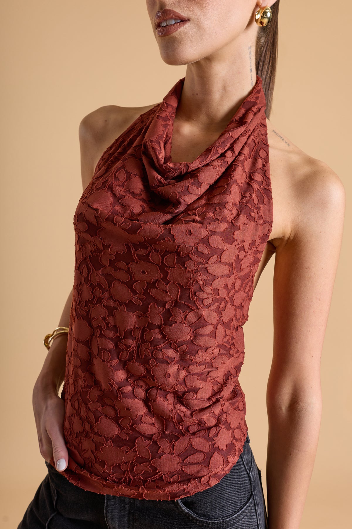 Top Halter Drapeado Textura - Terracota