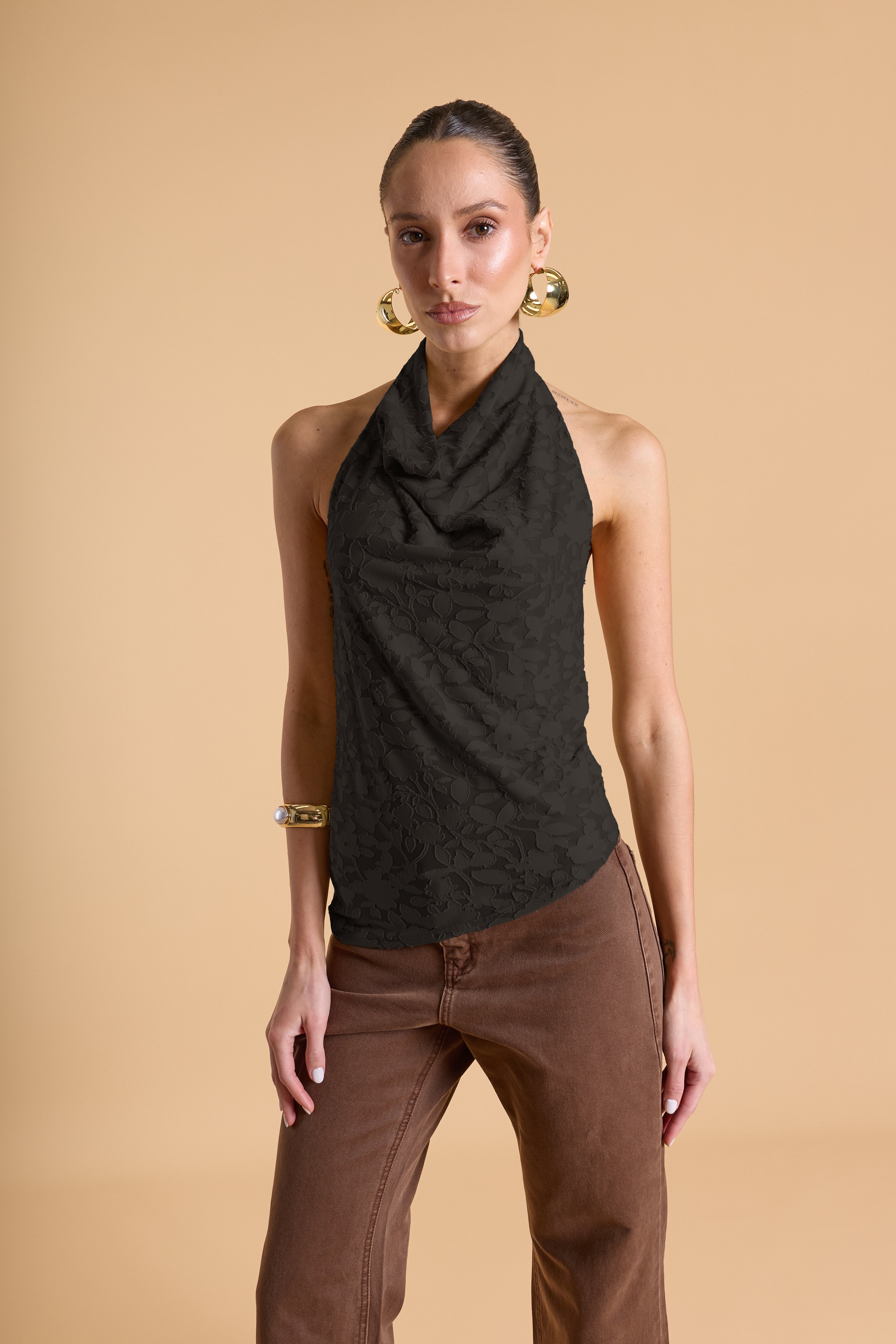 Top Halter Drapeado Textura - Negro