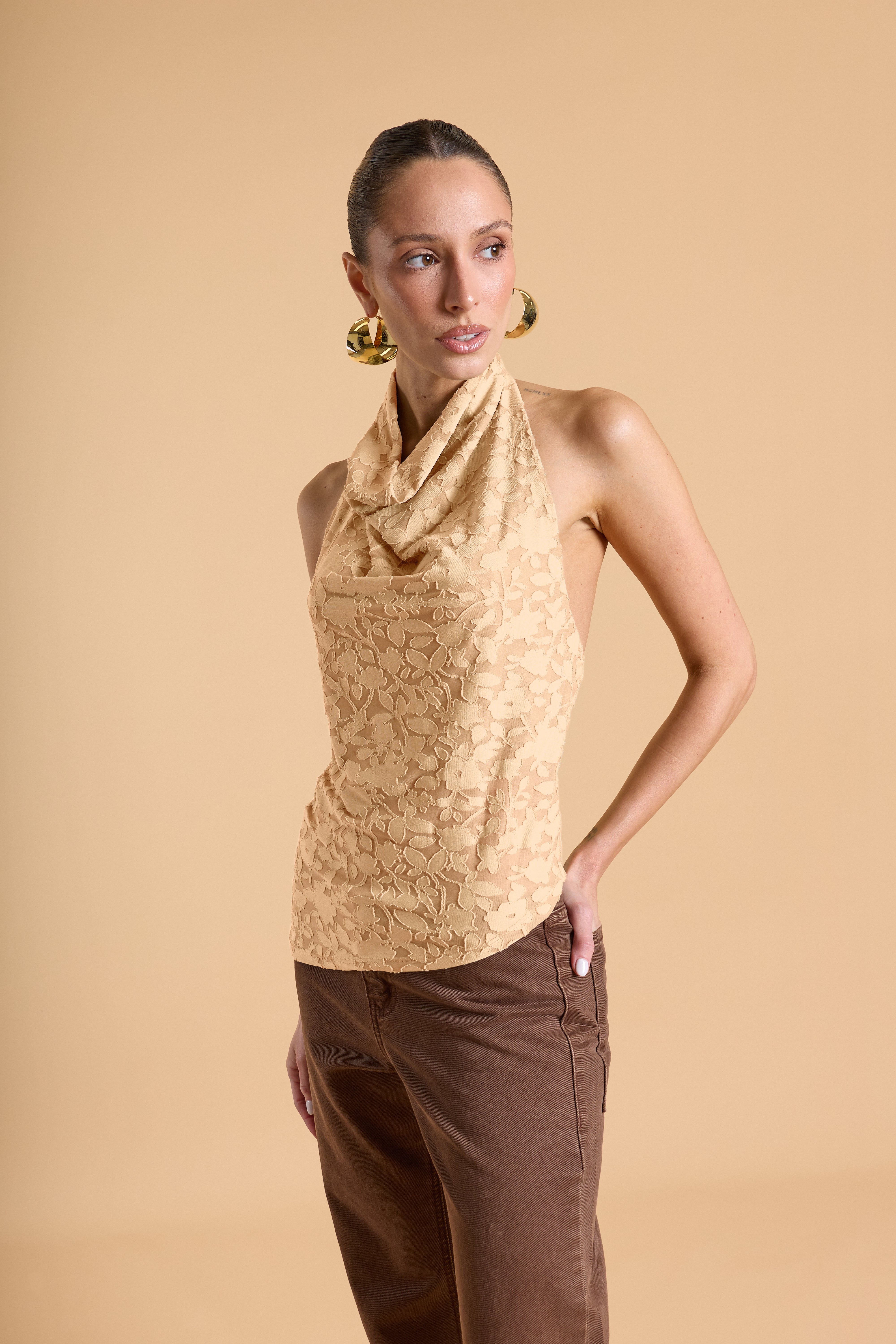 Top Halter Drapeado Textura - Beige