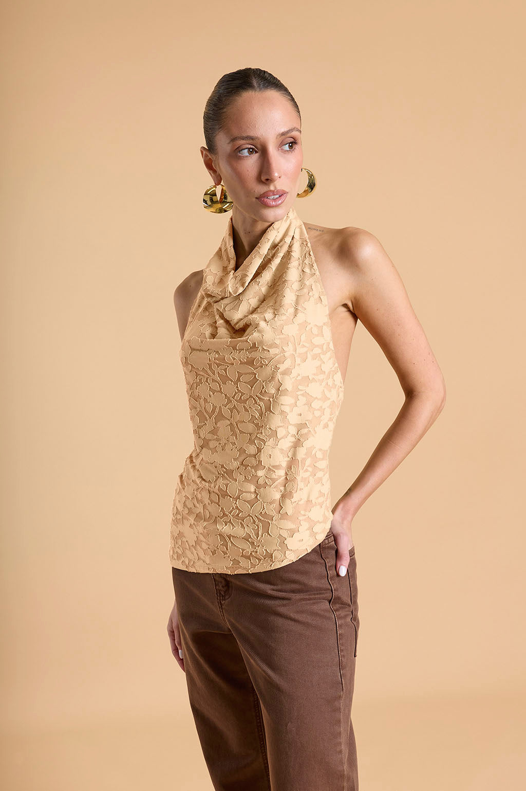Top Halter Drapeado Textura - Beige