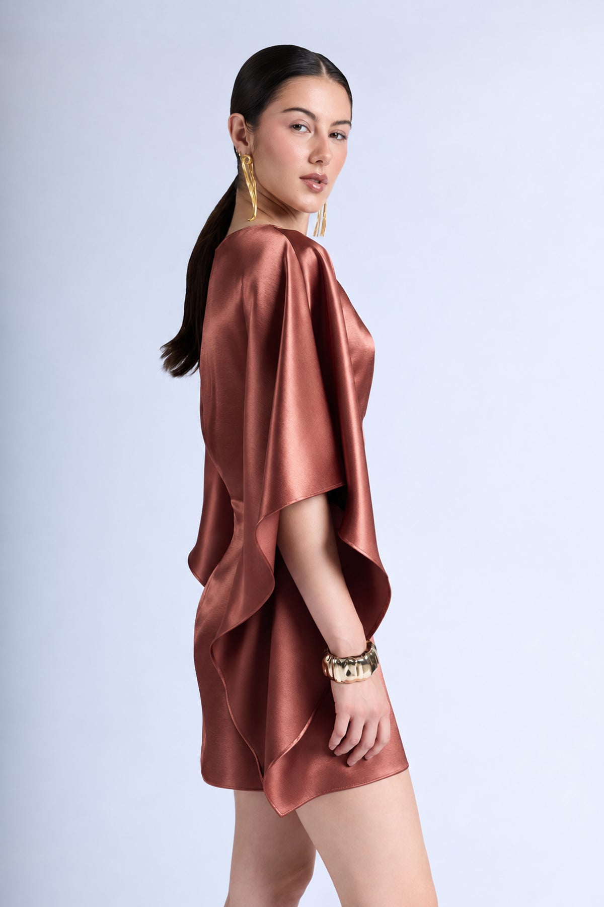 Vestido Satinado Manga Kimono - Terracota