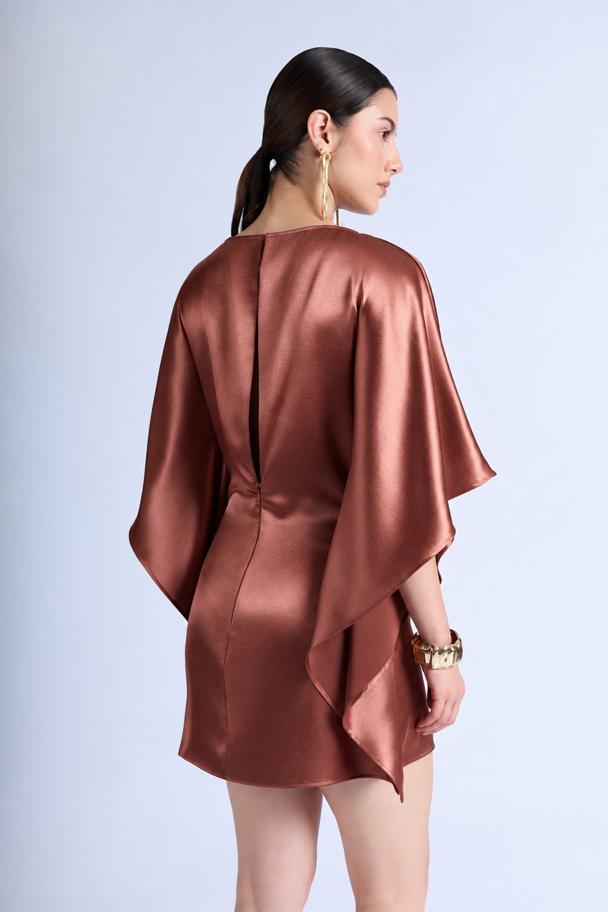Vestido Satinado Manga Kimono - Terracota