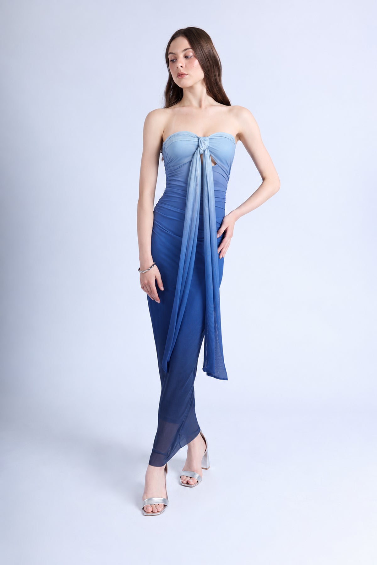Vestido Mesh Strapless - Azul