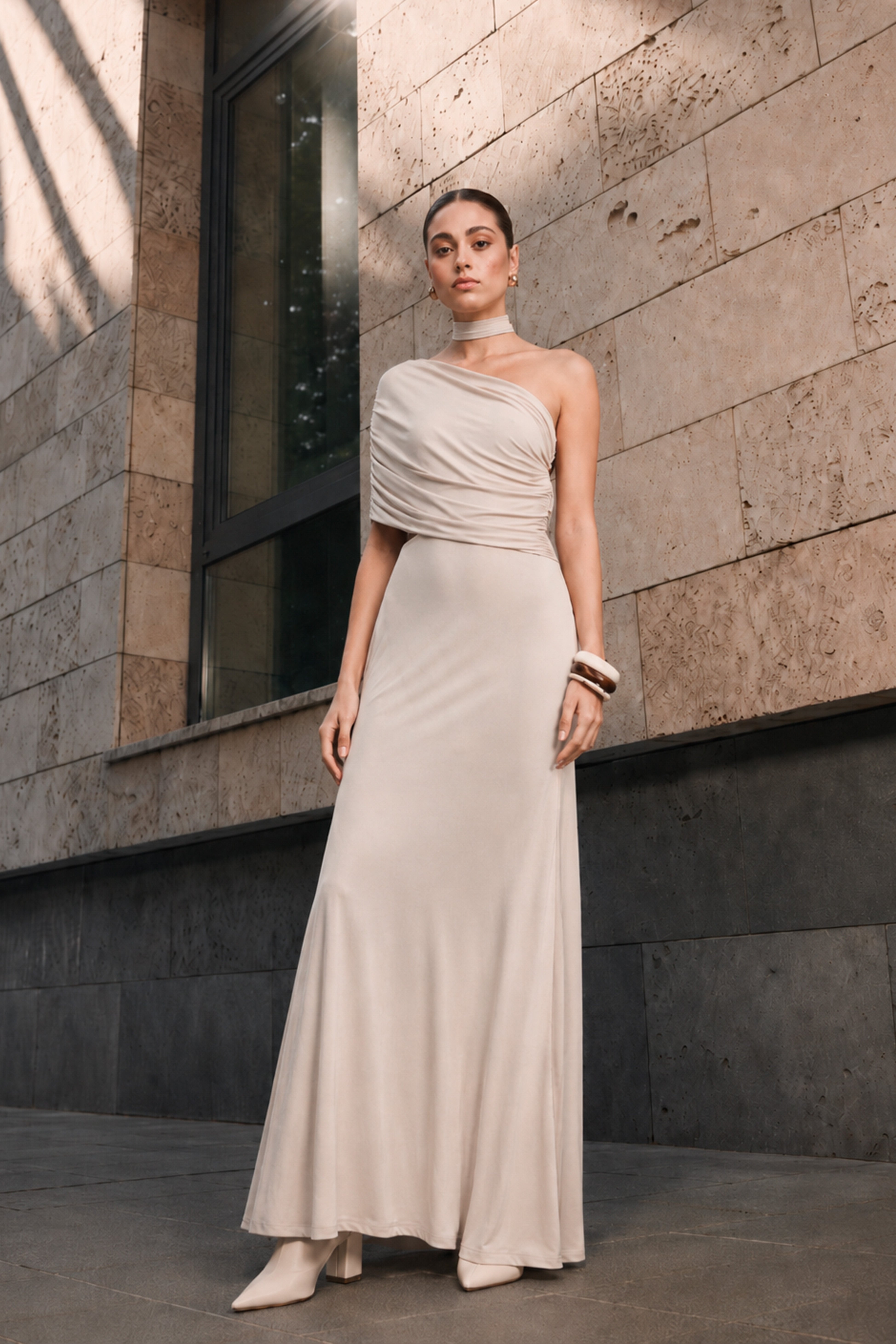 Vestido Asimétrico Drapeado - Beige