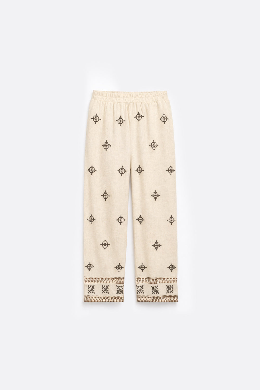 Pantalón Lino Bordado Contraste - Beige