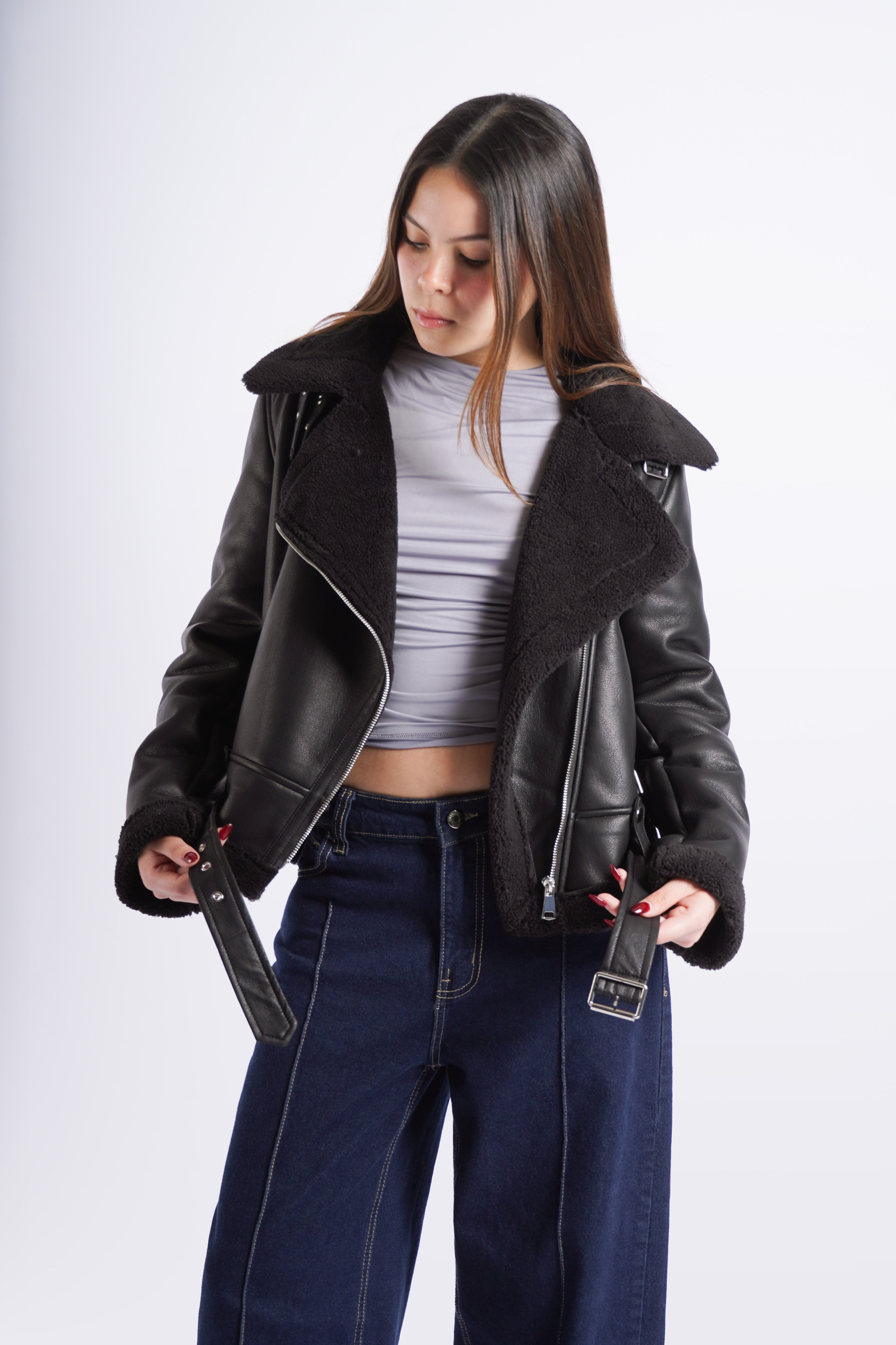 Cazadora Efecto Piel con Peluche - Negro