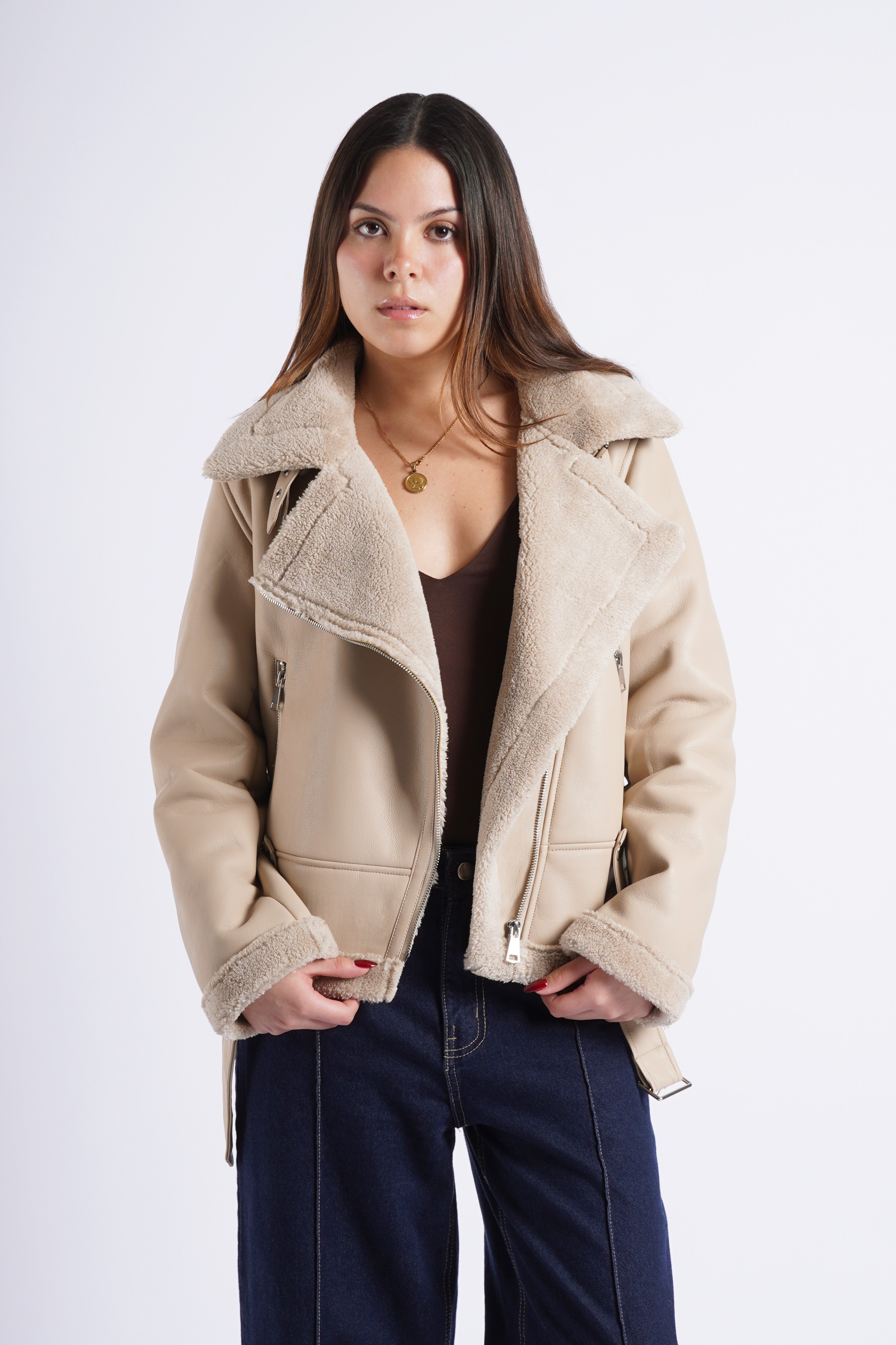 Cazadora Efecto Piel con Peluche - Beige