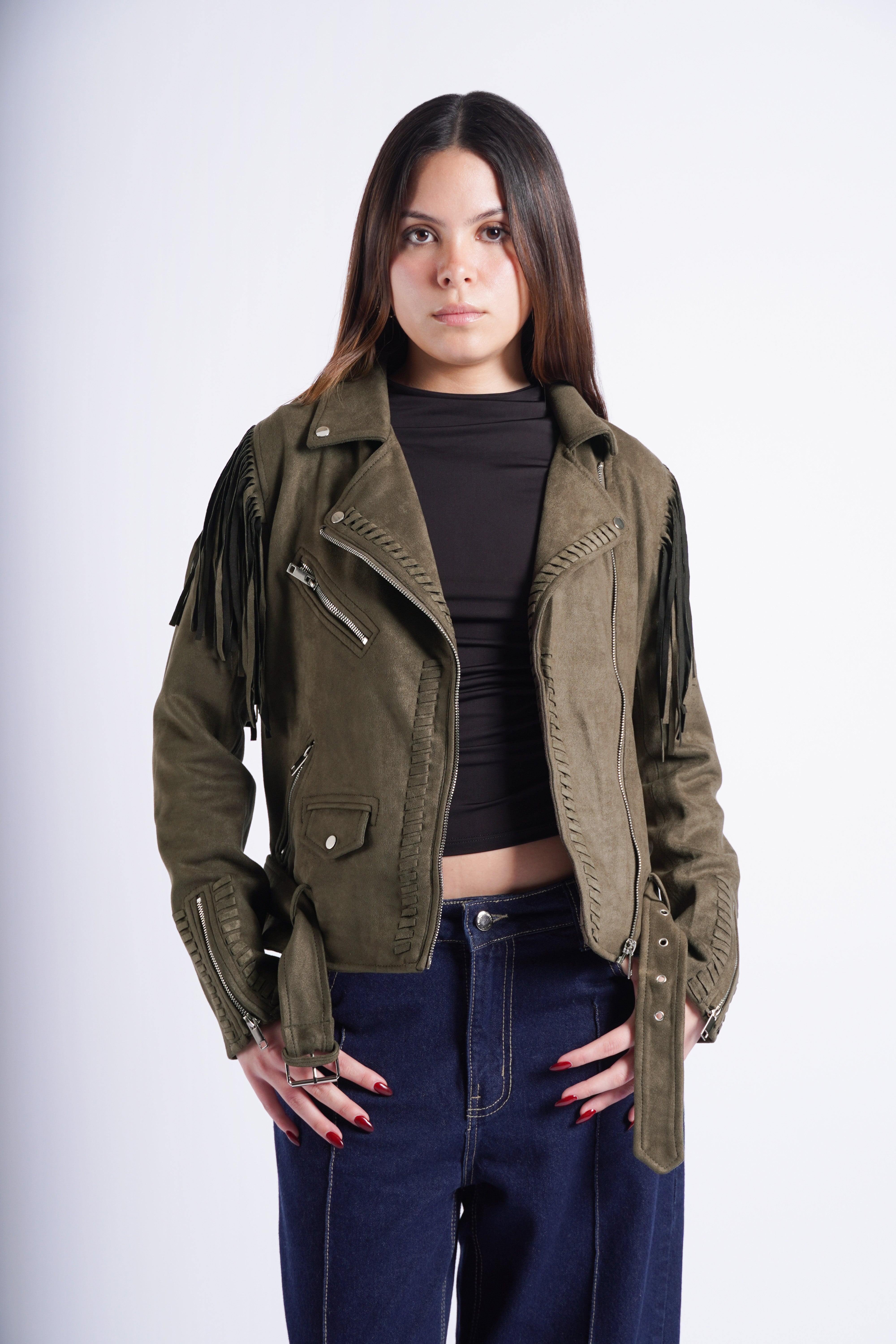 Cazadora Biker de Suede con Flecos - Verde