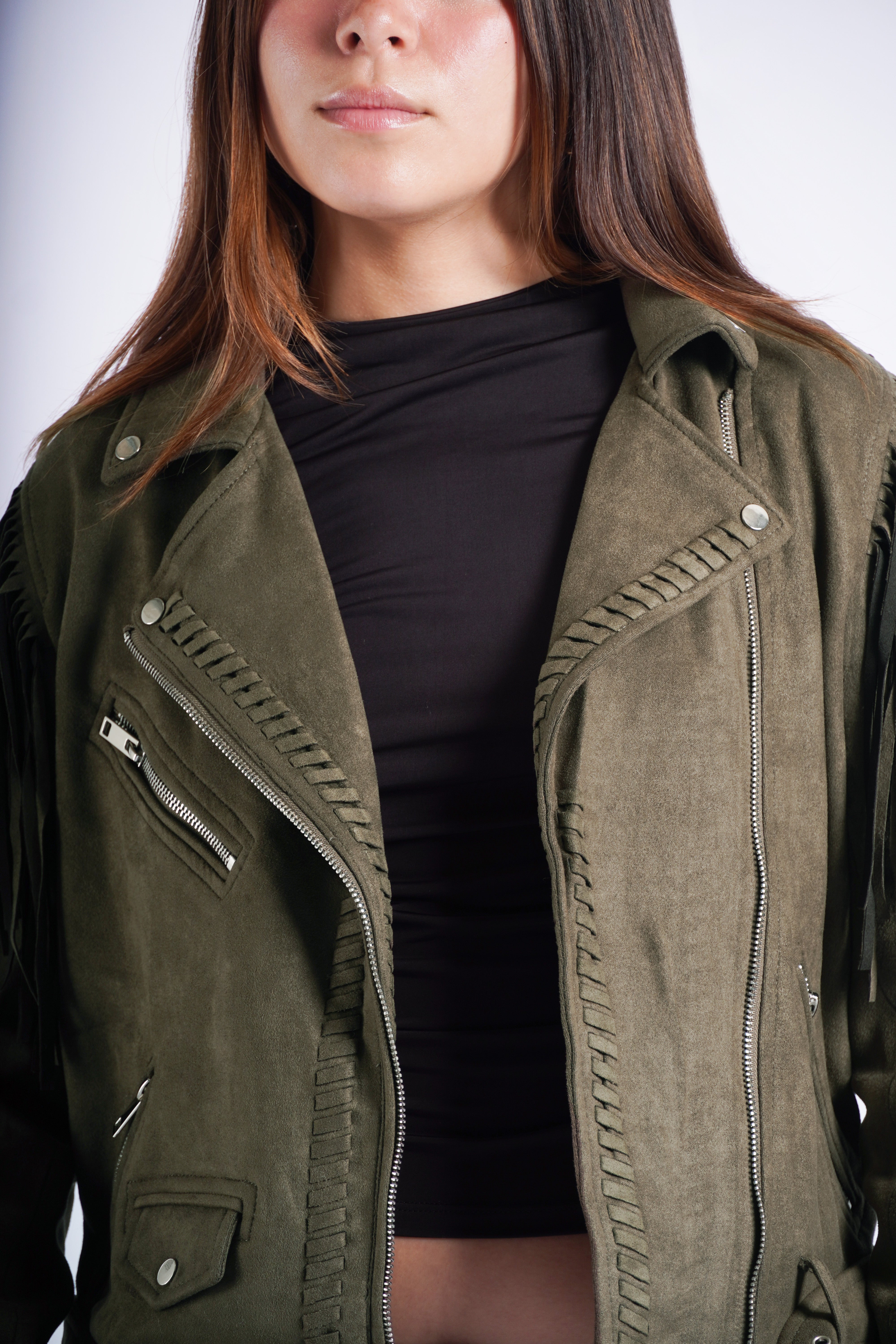 Cazadora Biker de Suede con Flecos - Verde