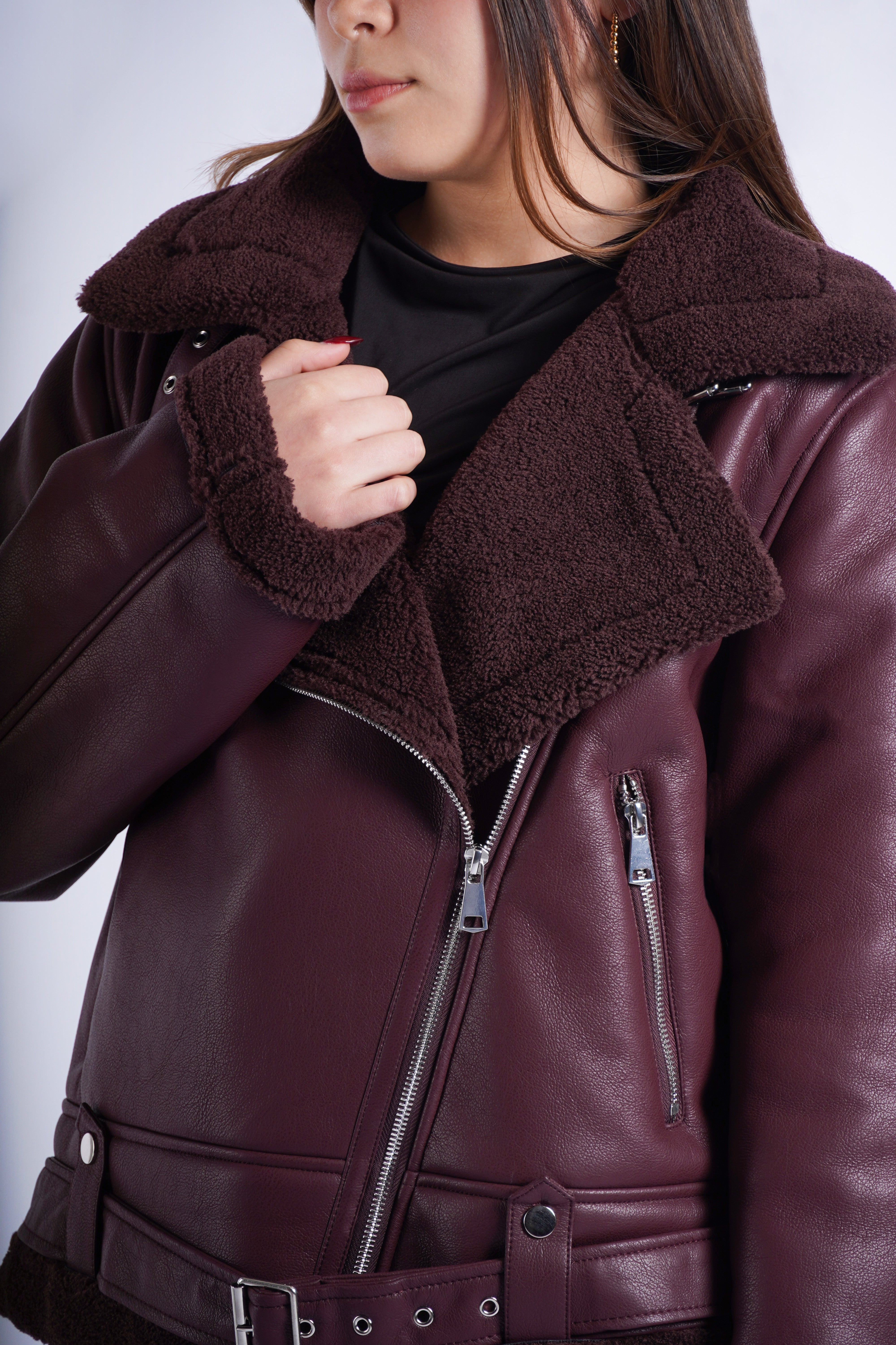 Cazadora Efecto Piel con Peluche - Burgundy