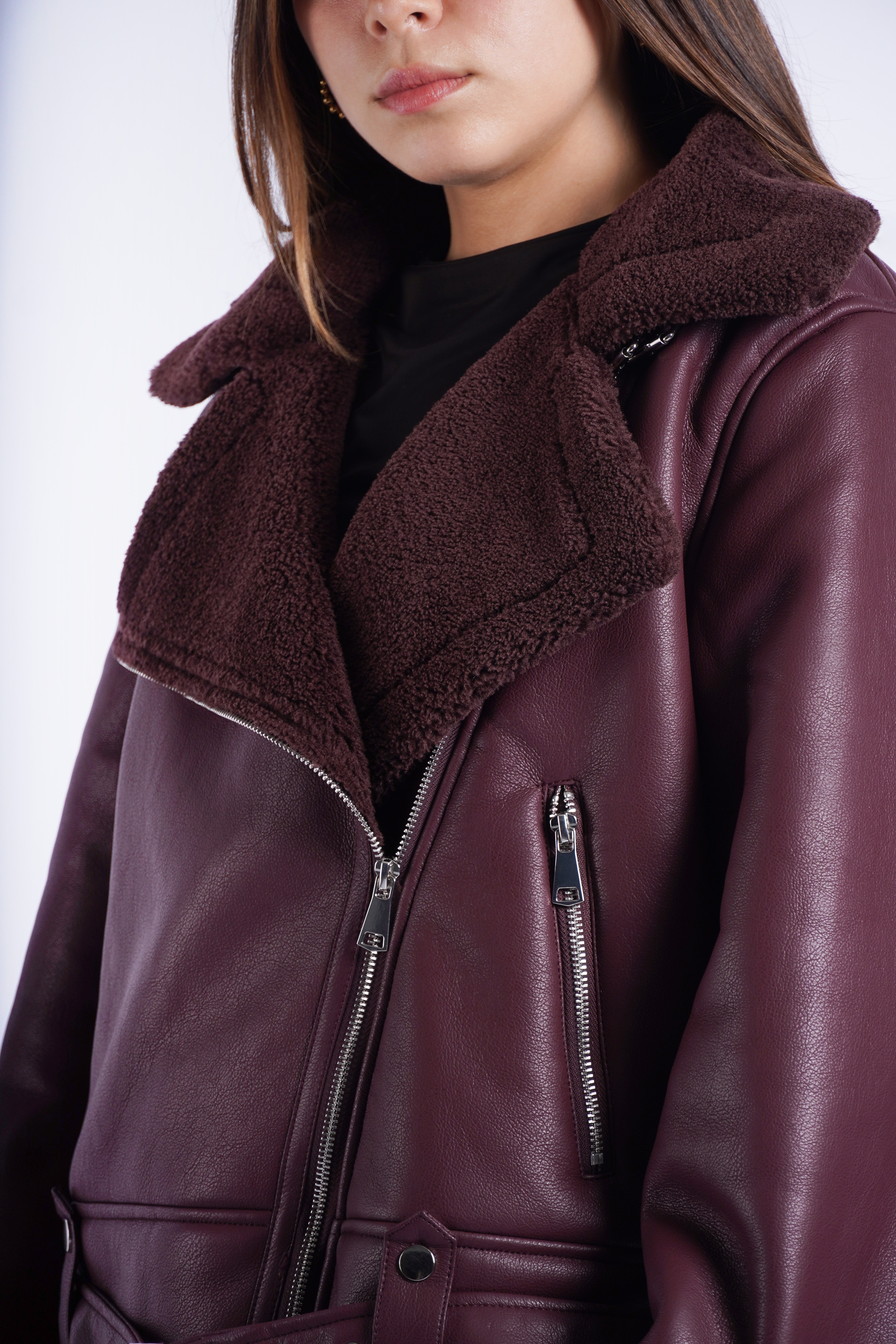 Cazadora Efecto Piel con Peluche - Burgundy