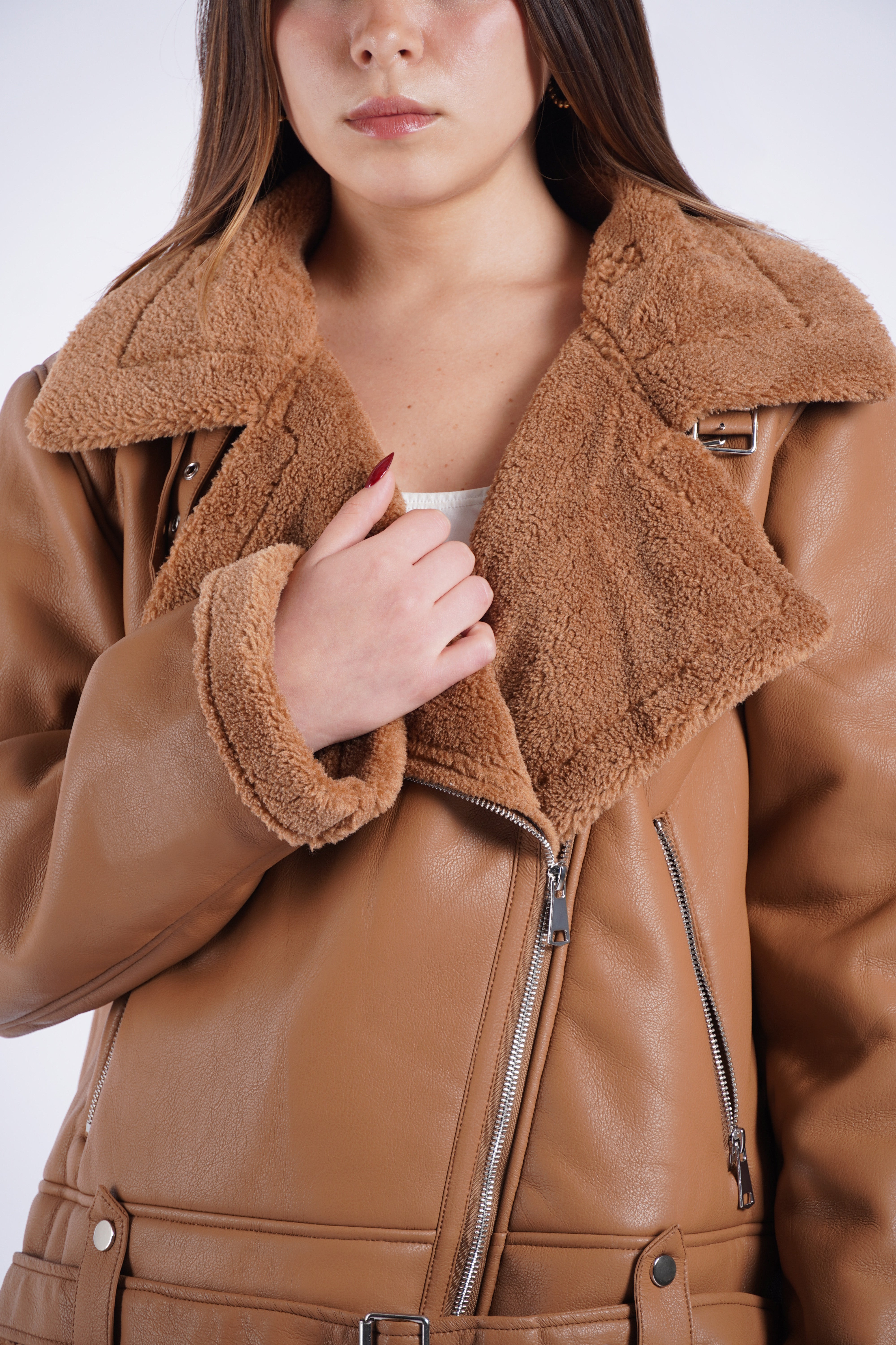 Cazadora Efecto Piel con Peluche - Camello