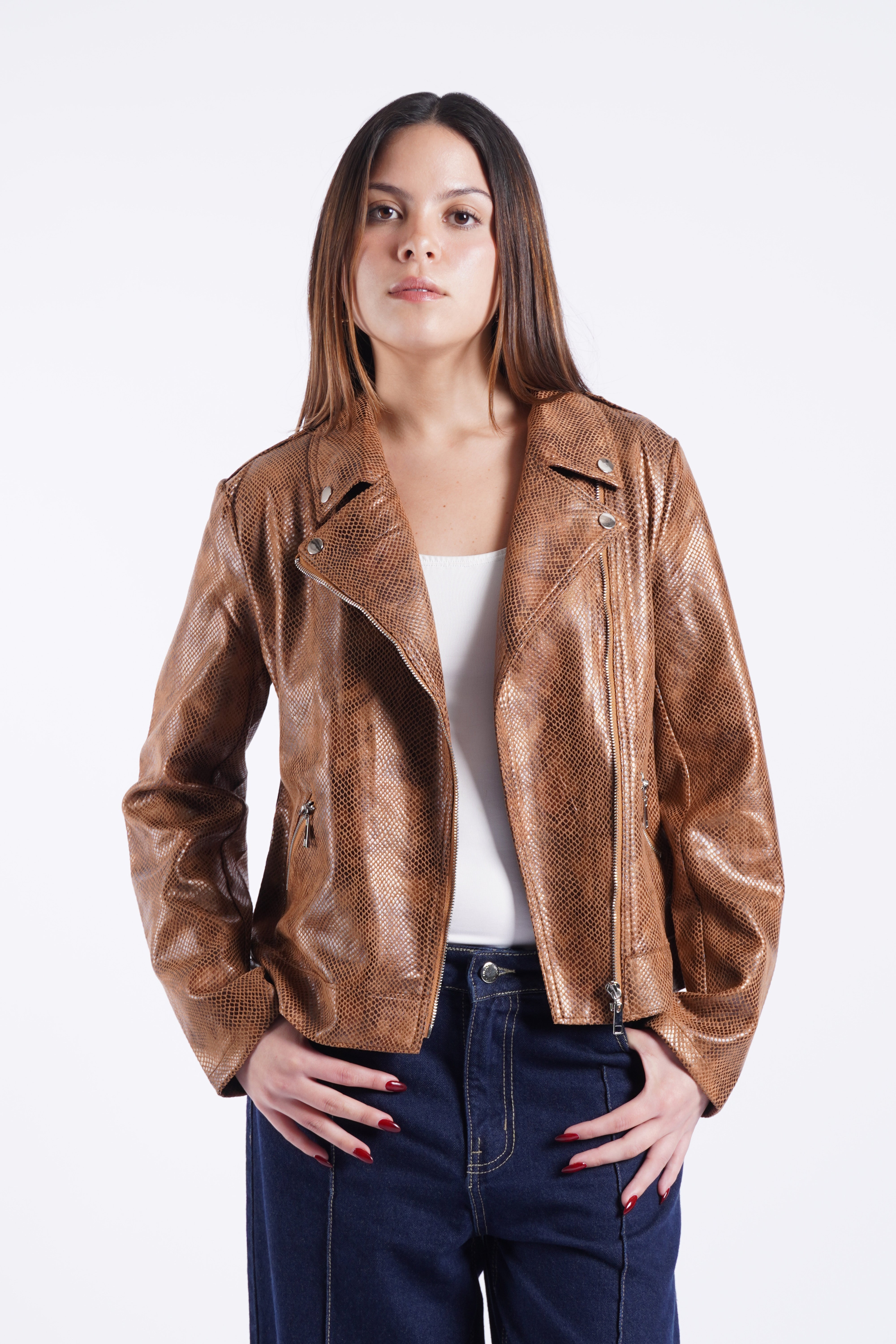 Cazadora Biker con Efecto Pitón - Marrón
