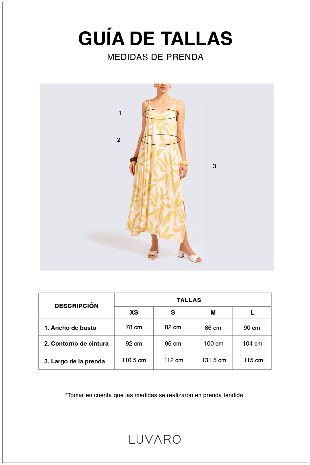 Guía de tallas de Vestido Tiras Estampado - Amarillo
