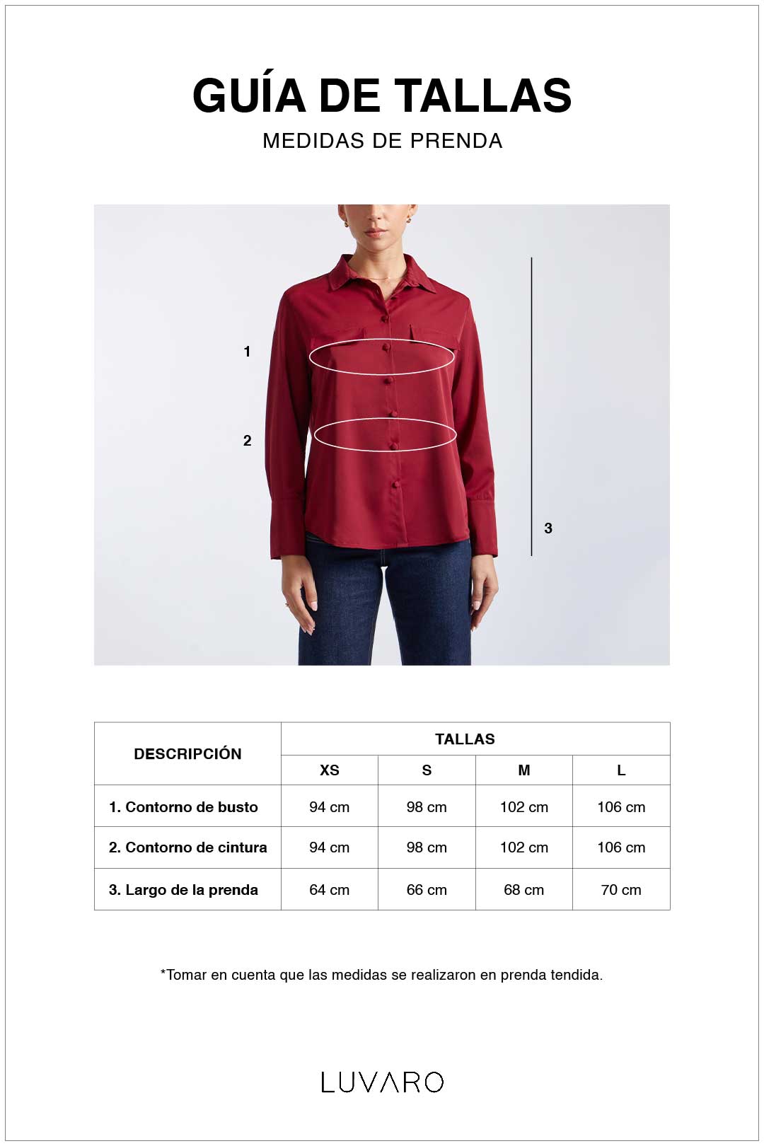 Guía de tallas de Camisa Satin Bolsillos - Vino