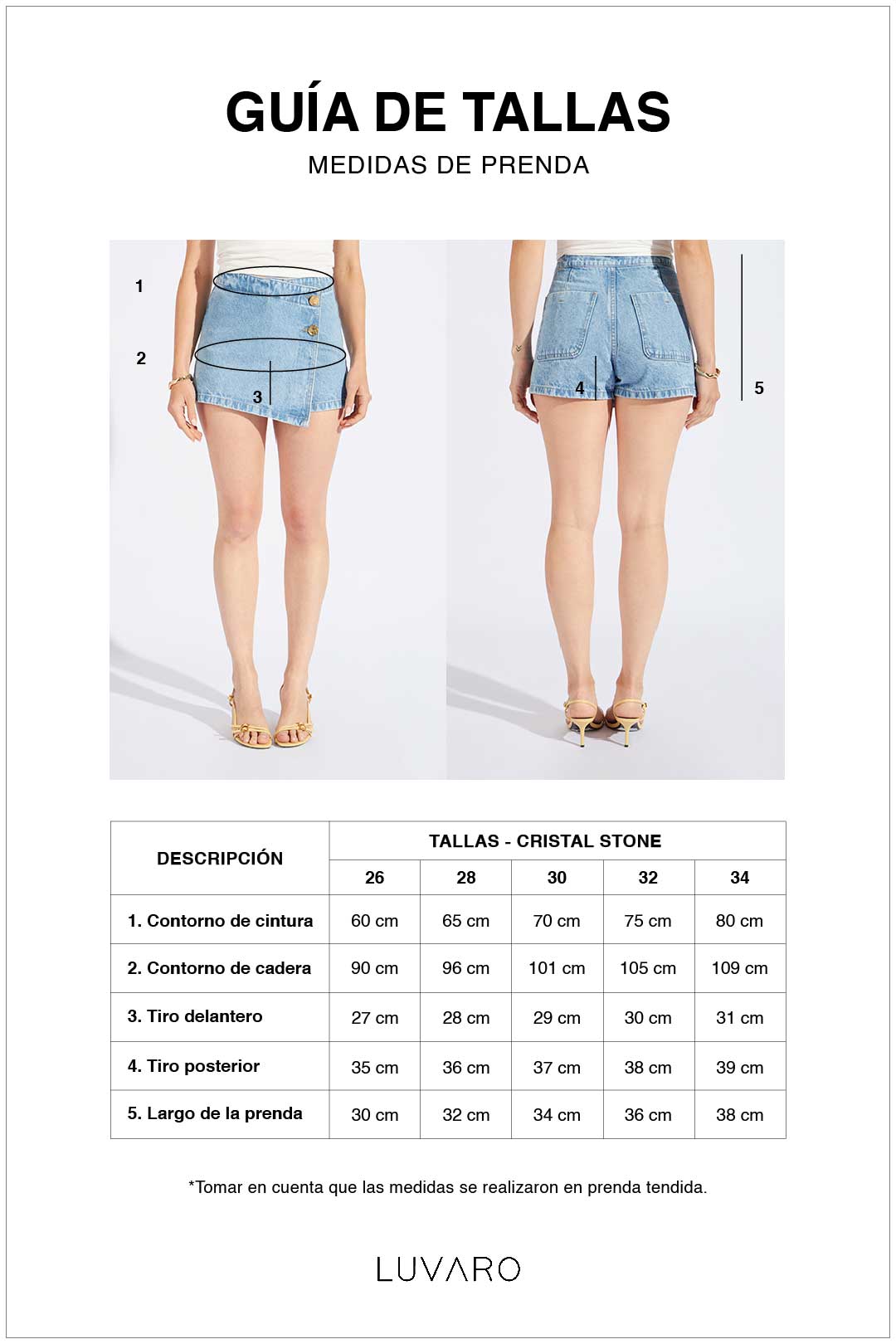Guía de tallas de Falda Short Denim Cruzado Botones - Bleach