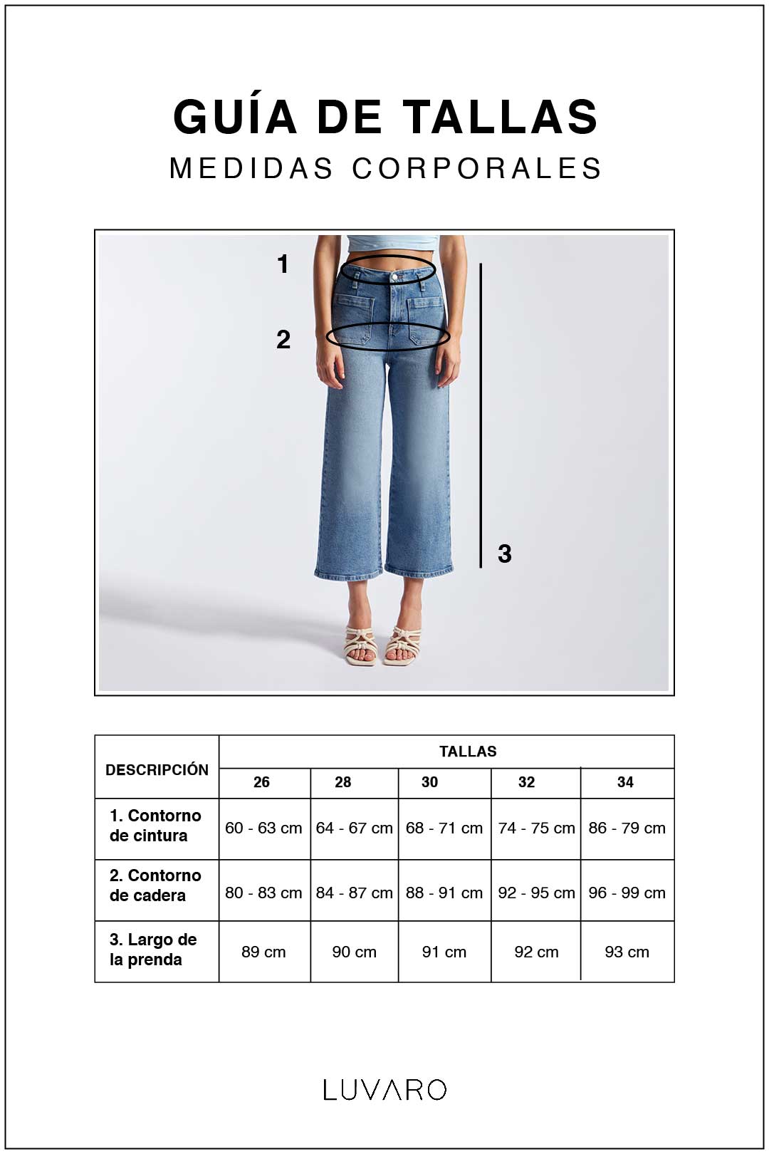 Guía de tallas de Jean Wide Leg Cropped - Gris