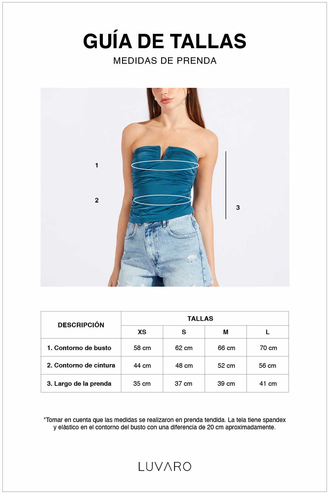 Guía de tallas de Top Strapless Escote V - Cobalto