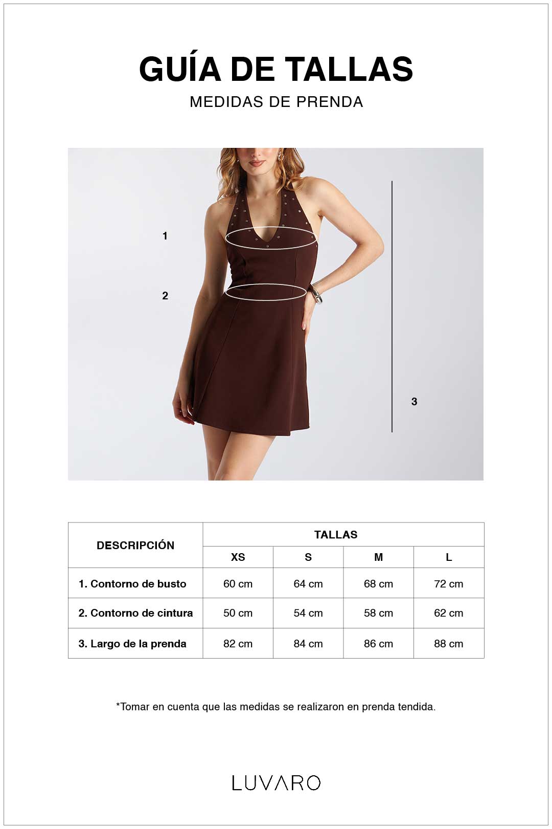 Guía de tallas de Vestido Mini Halter Apliques - Marrón