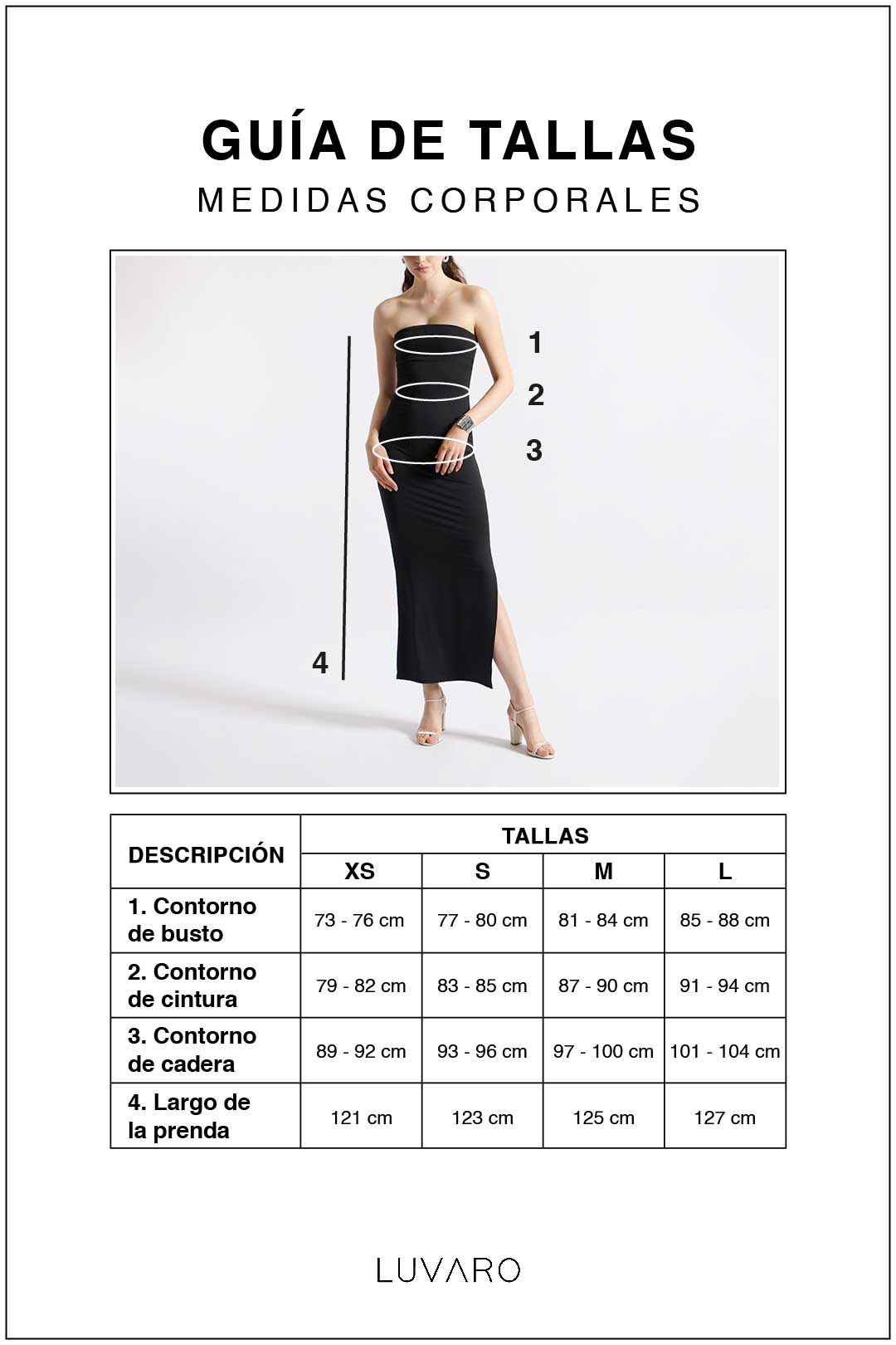 Guía de tallas de Vestido Recto Strapless - Perla