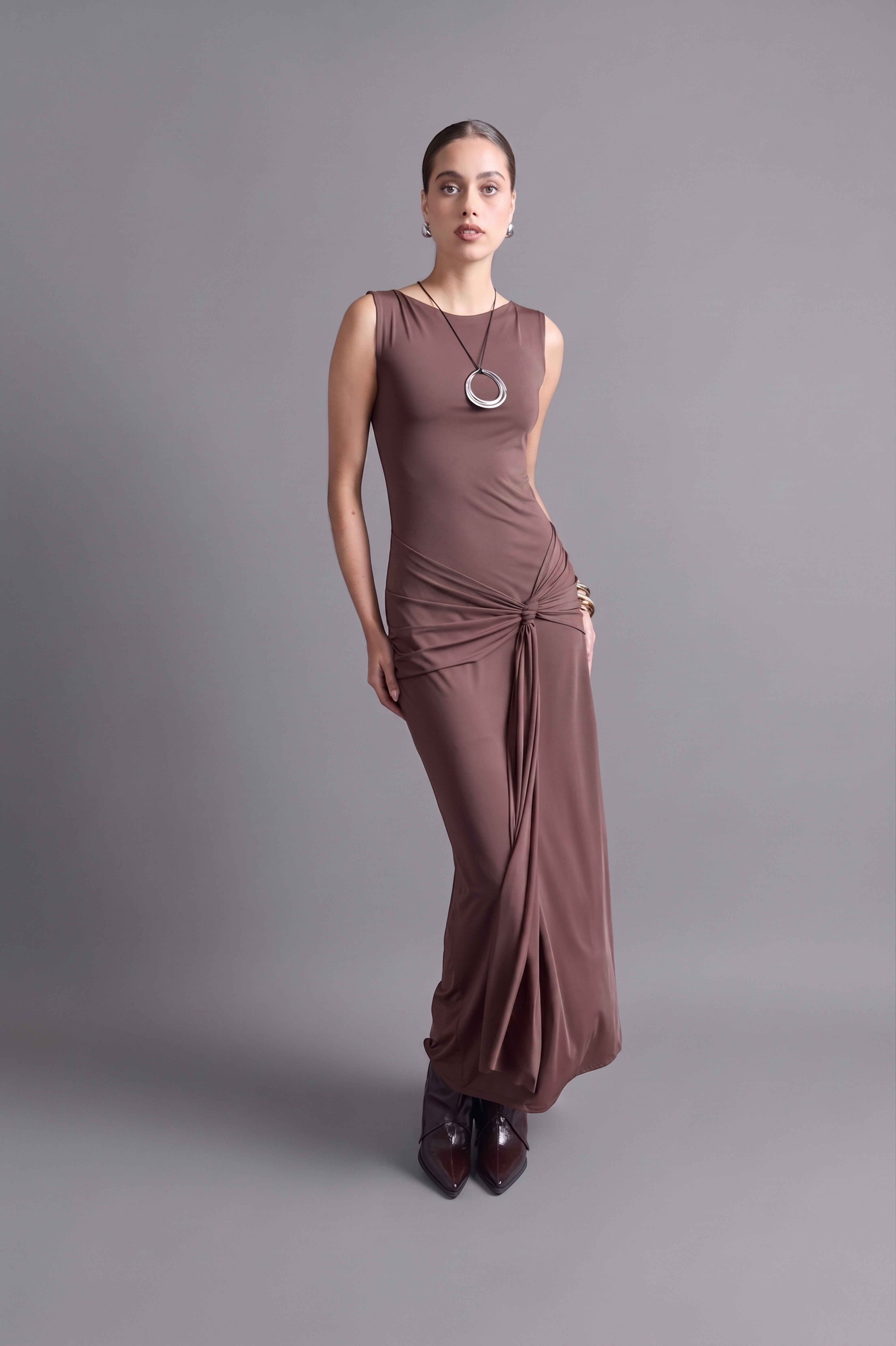 Vestido Drapeado con Caída - Marrón
