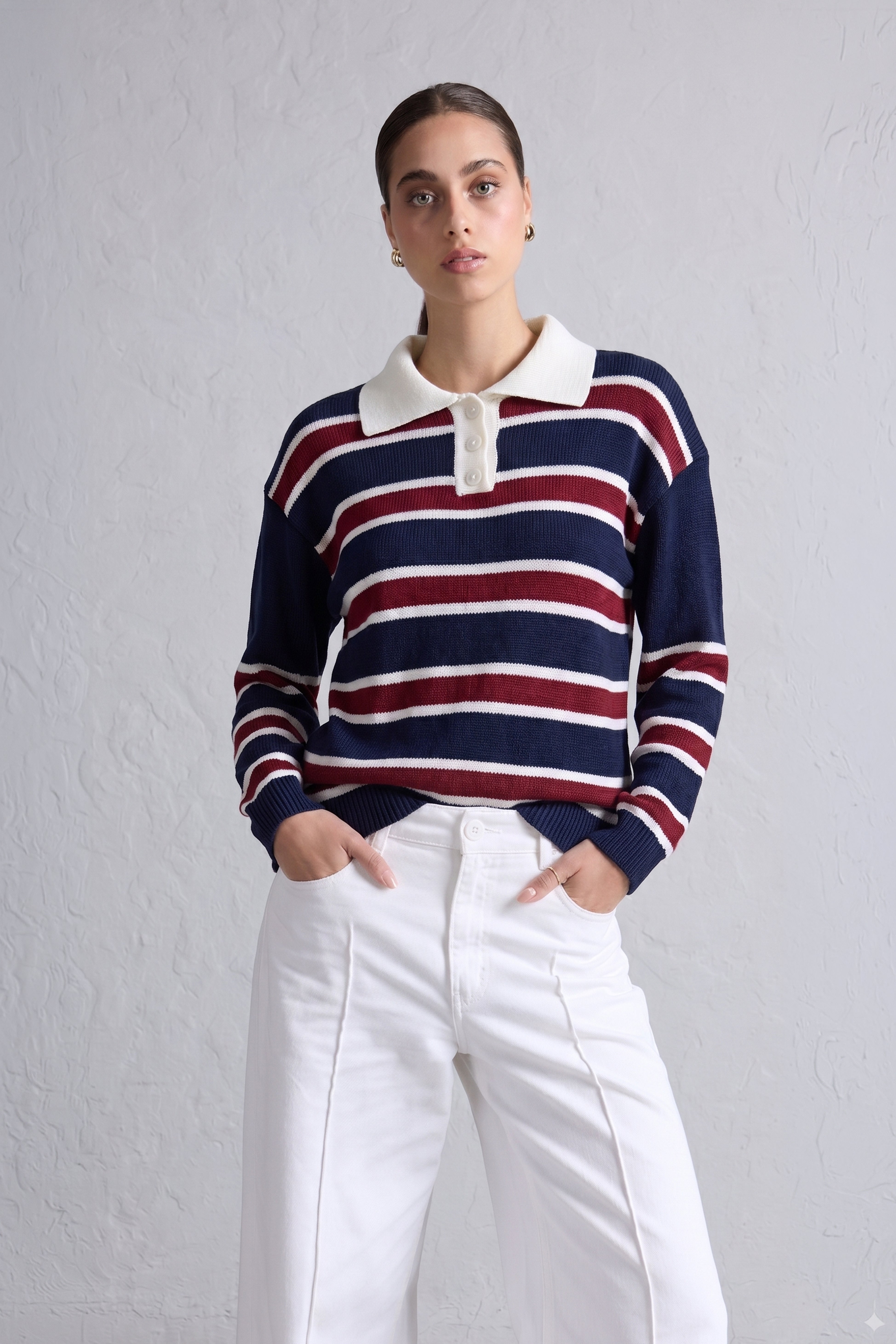 Sweater Camisero a Rayas - Azul con Vino
