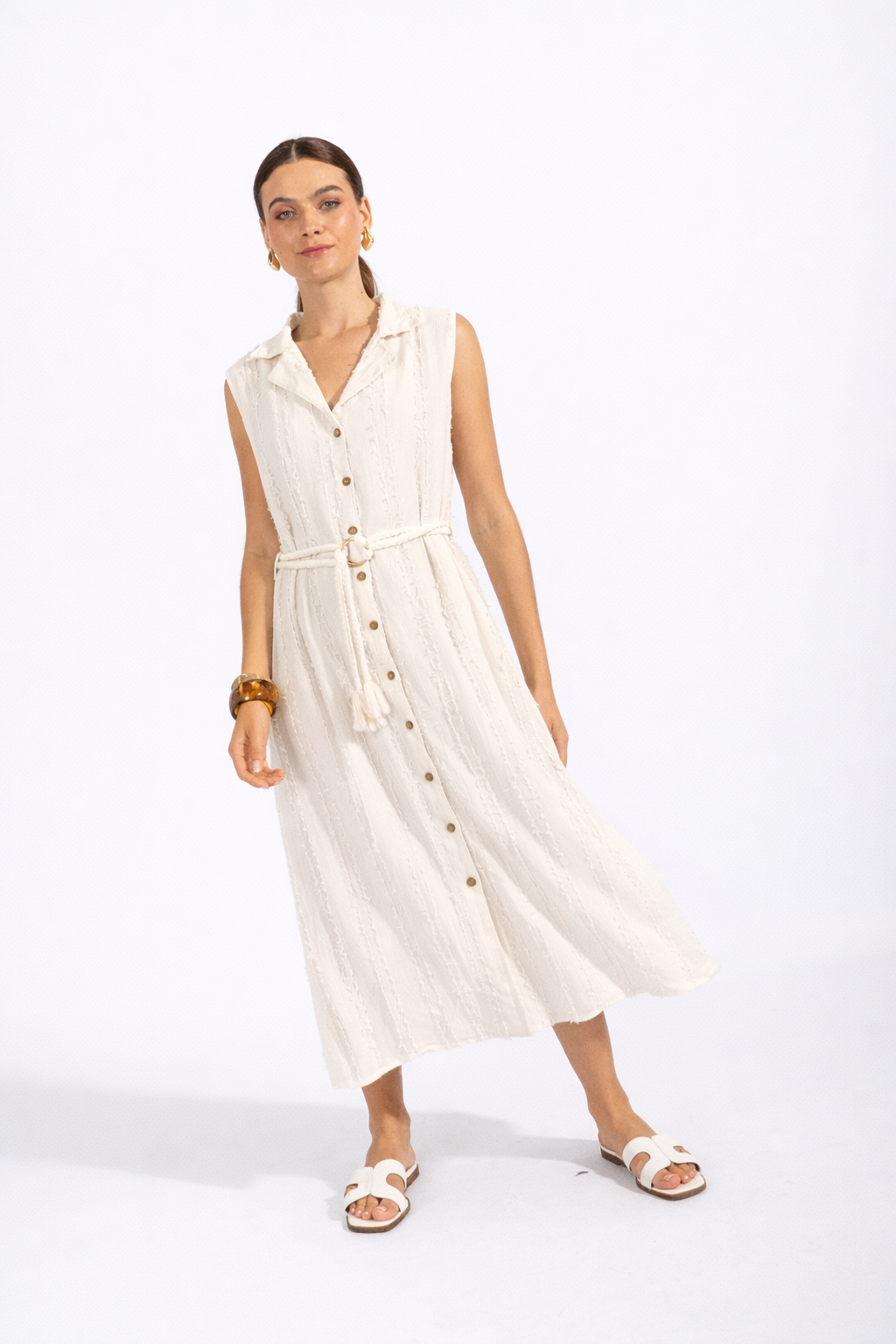 Vestido Camisero Textura - Blanco