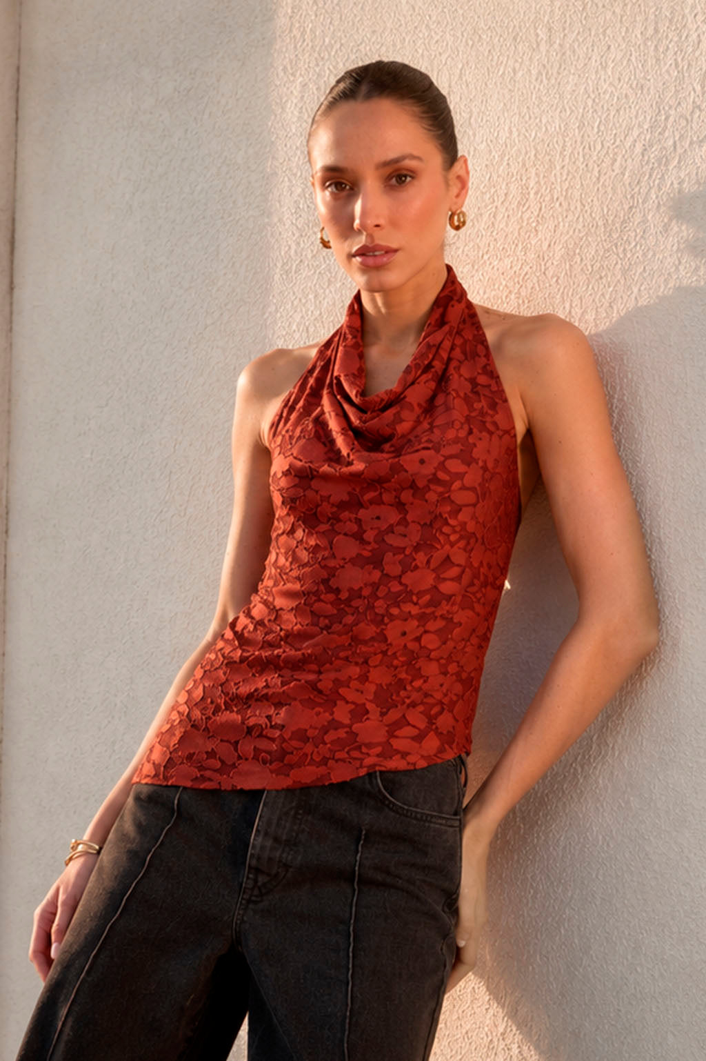 Top Halter Drapeado Textura - Terracota