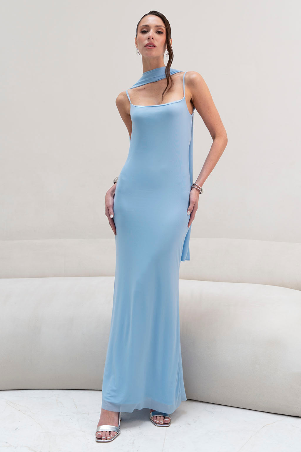 Vestido Tiras con Fular - Celeste
