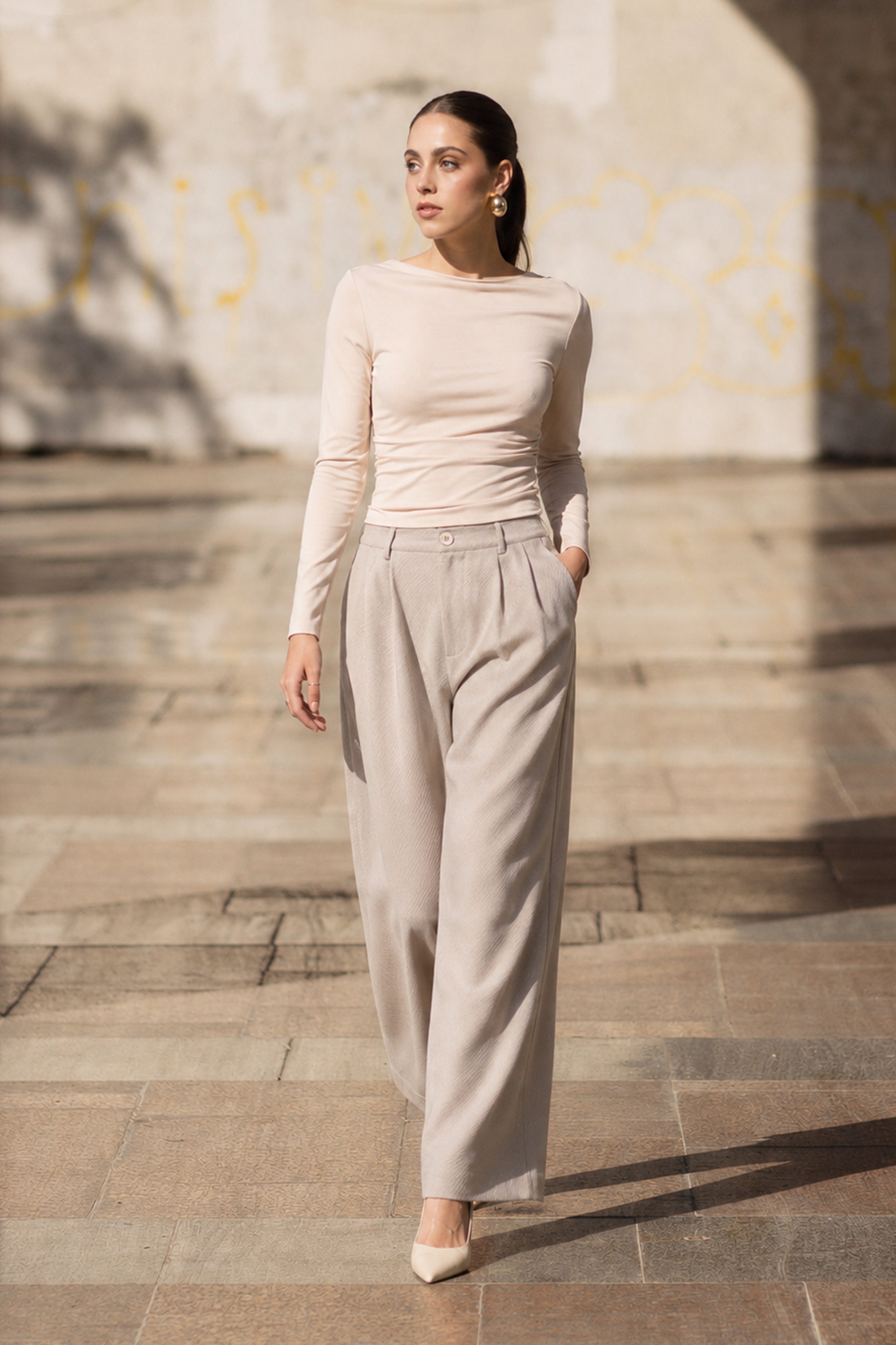 Pantalón Palazzo Pliegues - Arena
