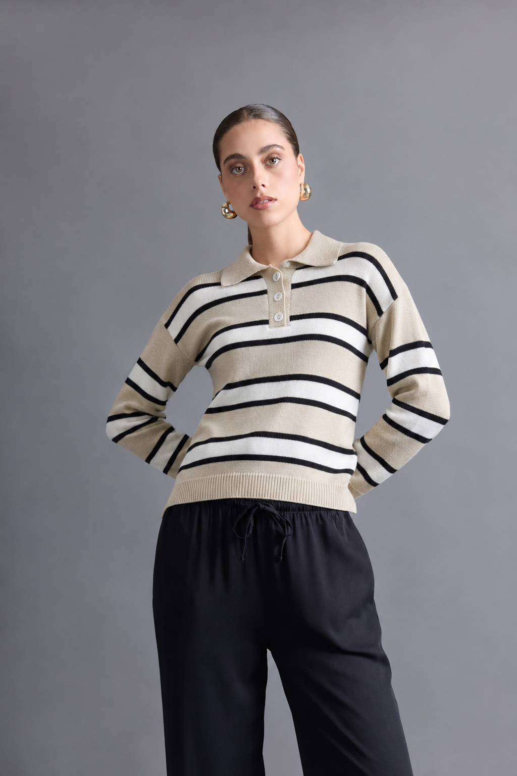 Sweater Camisero a Rayas - Ecru con Blanco