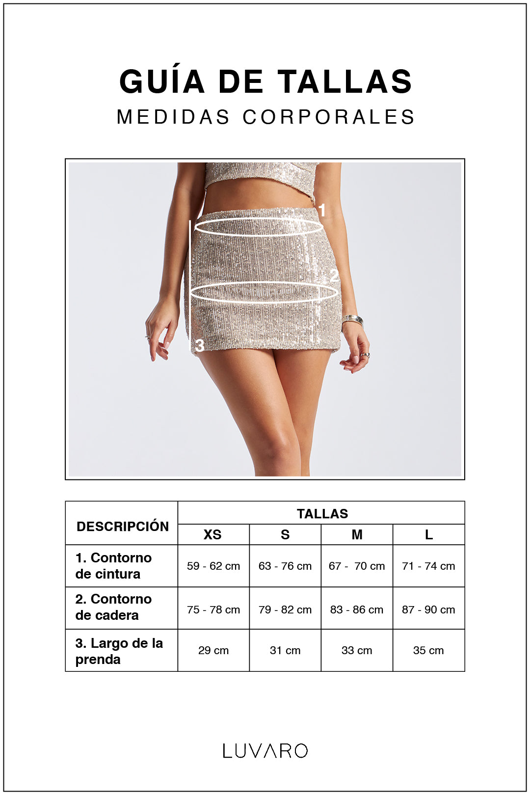 Guía de tallas de Falda Mini Lentejuelas - Beige