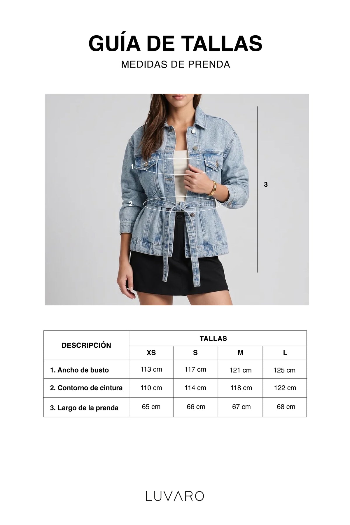 Guía de tallas de Casaca Denim Cinturón - Bleach