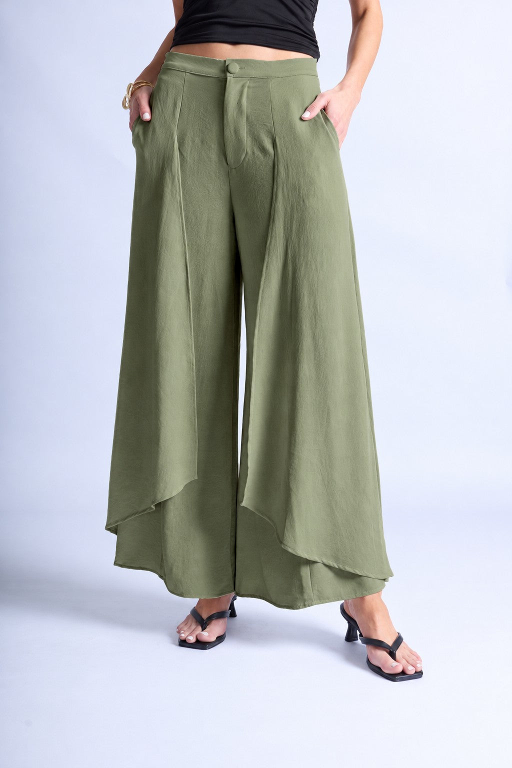 Pantalón Fluido con Volantes - Verde Olivo